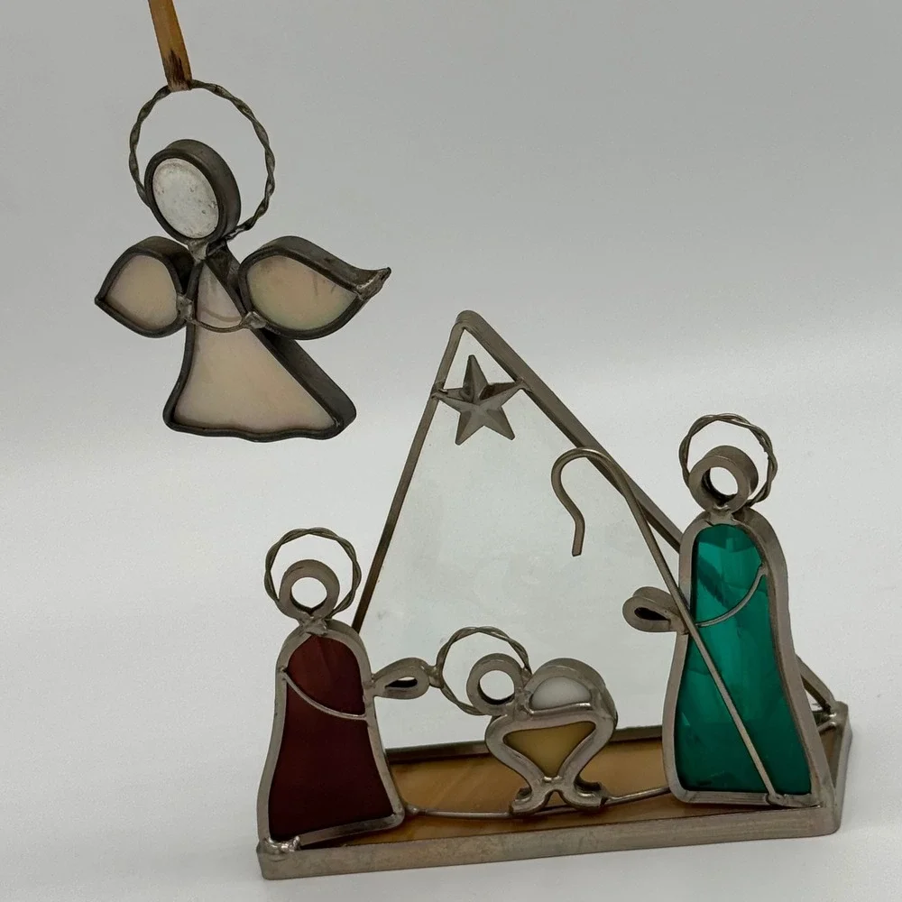 Vintage Stained Glass Nativity Scene Set Miniature Creche & Angel Ornament 4.5x4